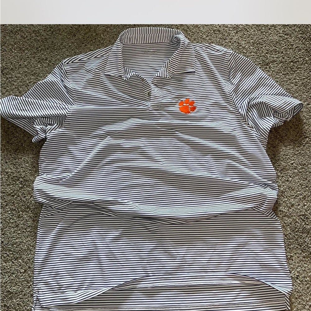 Vineyard Vines White and Purple Striped Clemson Polo